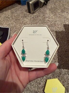 Green Teardrop Dangle Earrings - Silver Tone